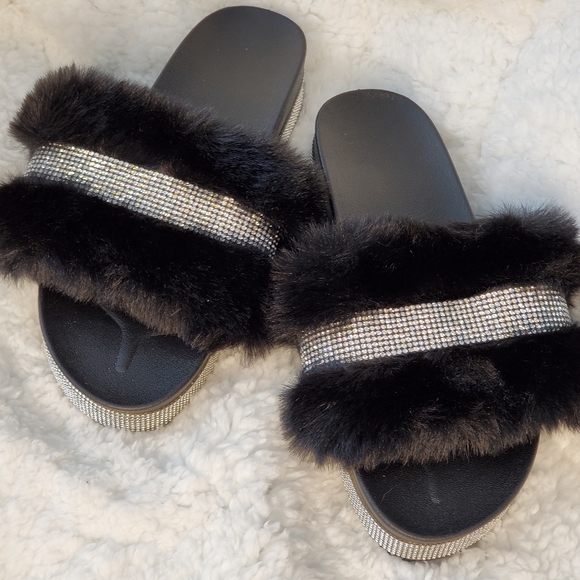 Black Furry and Silver Bedazzled Slippers - Picture 9 of 11